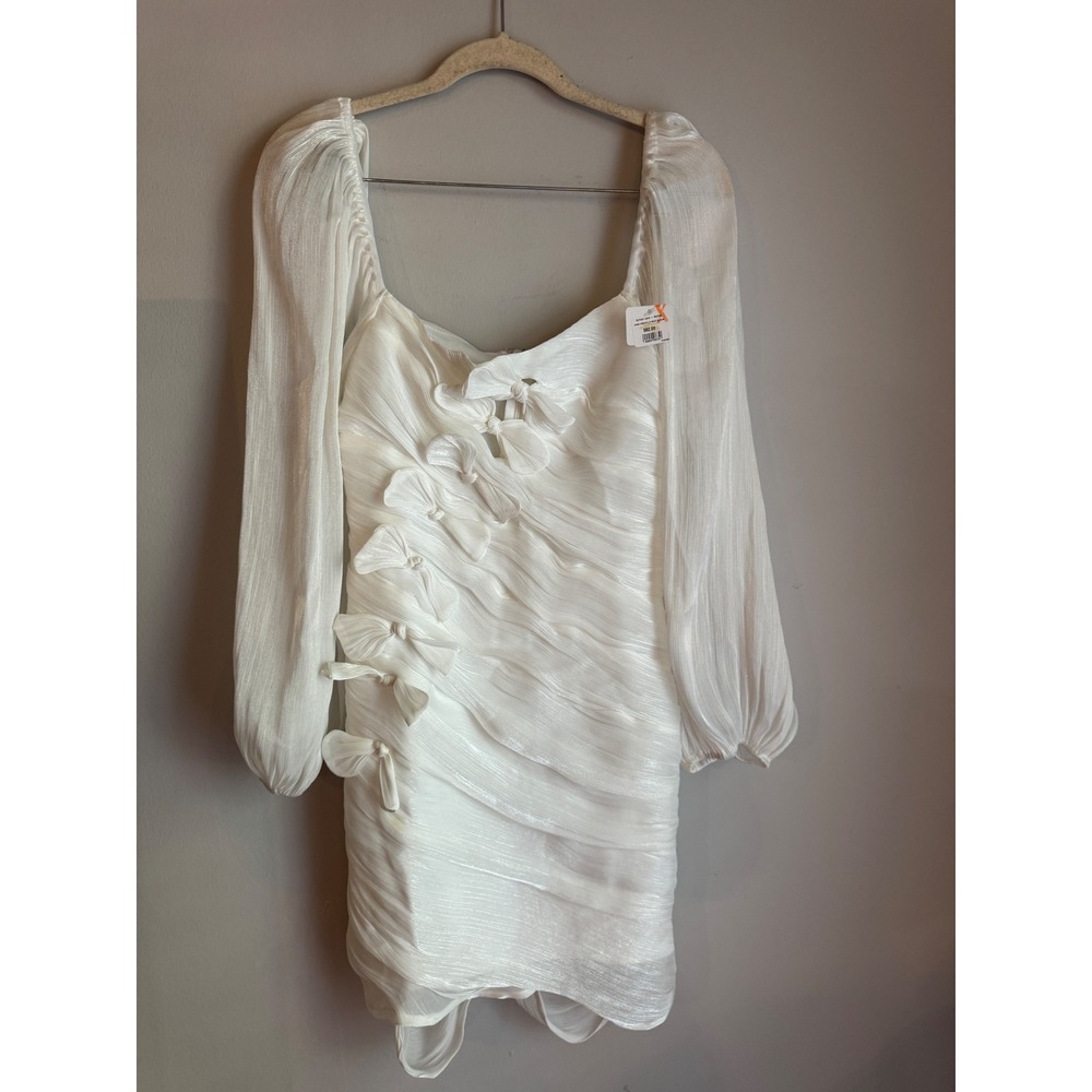 Storia Bows Forever White Ruched Mini Dress Long Sleeve Bachelorette Bridal M